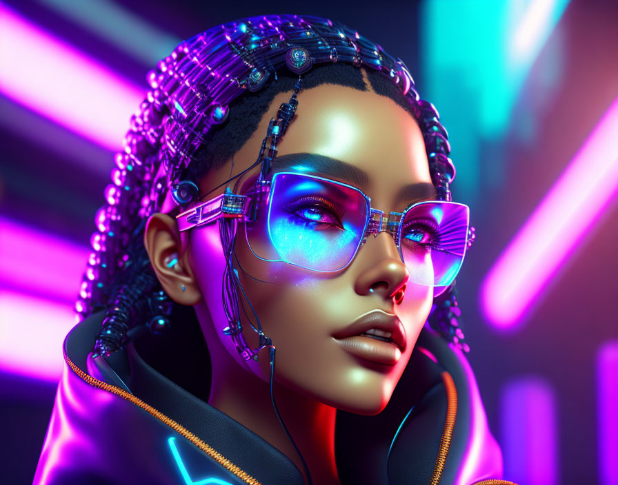 Futuristic digital artwork: Woman with neon-lit glasses and braided hair