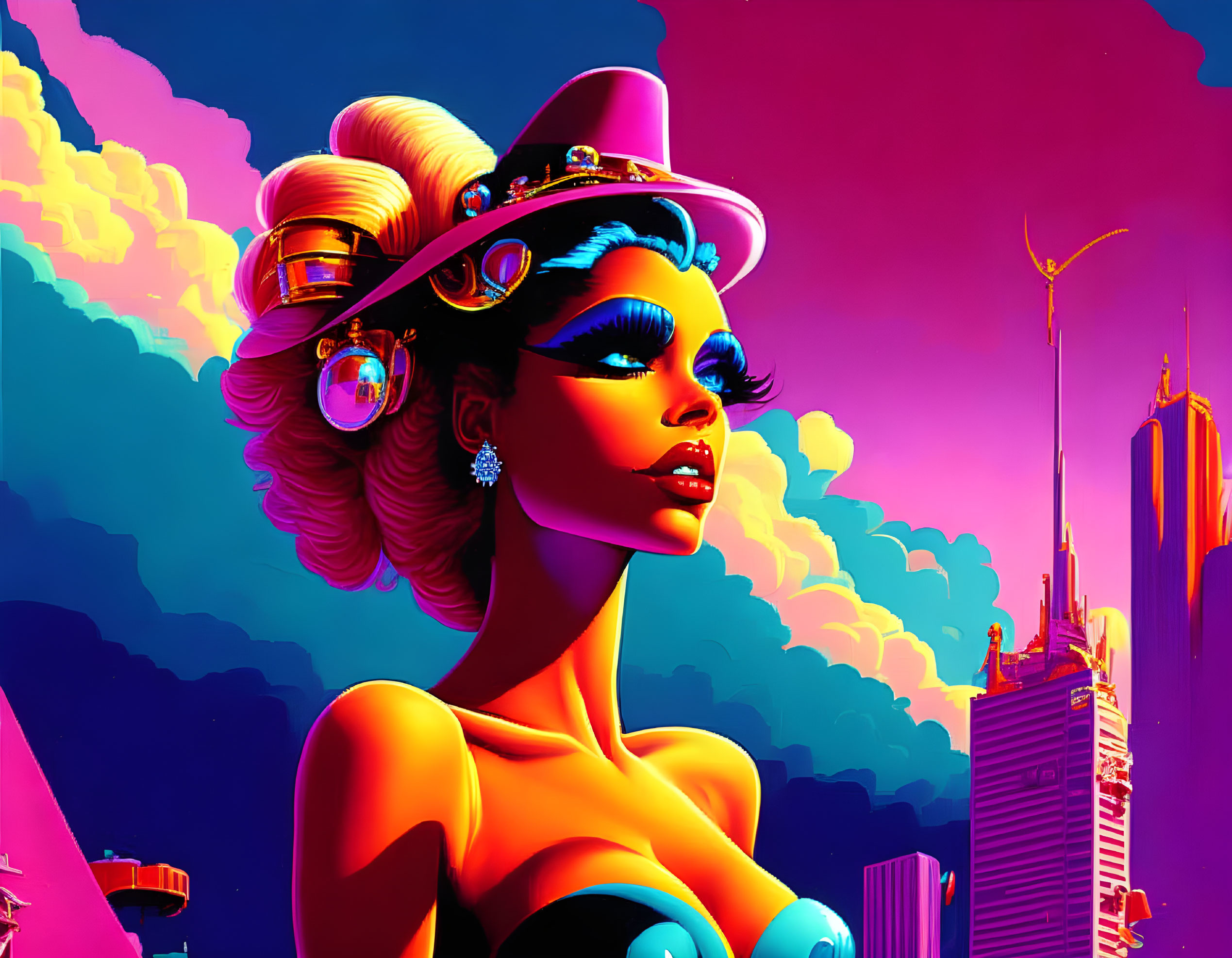 Digital artwork: Stylish woman with futuristic accessories in neon cityscape