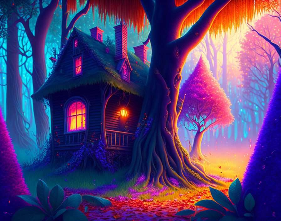 Whimsical cottage in vibrant, mystical forest