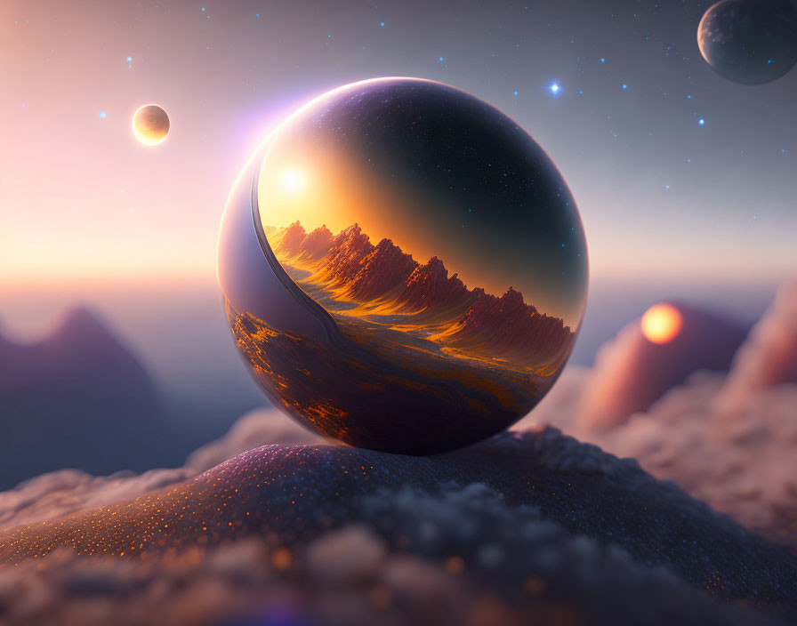 Surreal landscape with glossy sphere, mountains, cosmic sky