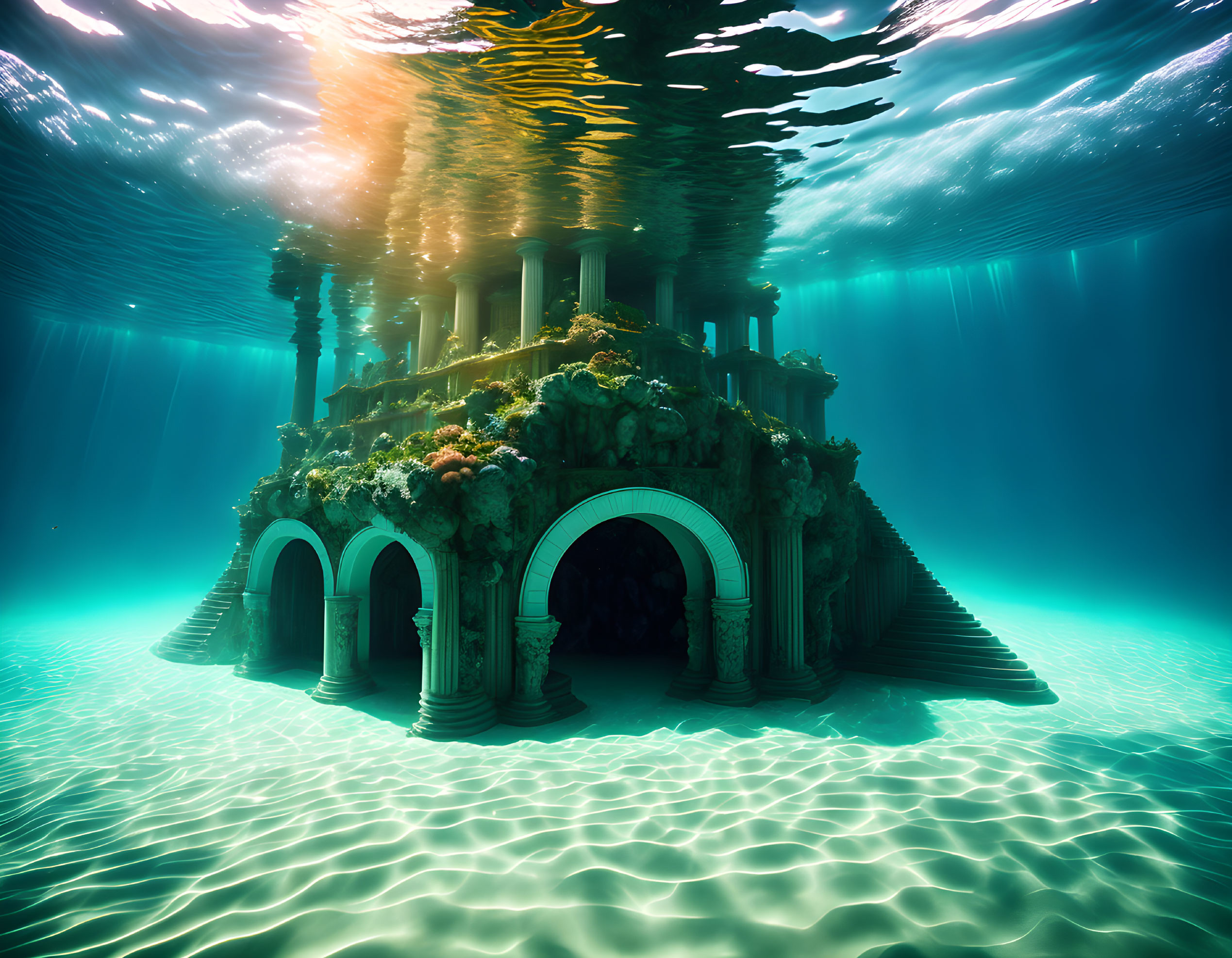 Sunlit Ancient Algae-Covered Underwater Temple