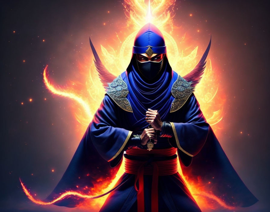 Blue Ninja Attire Figure in Flames with Sword Handle on Dark Background