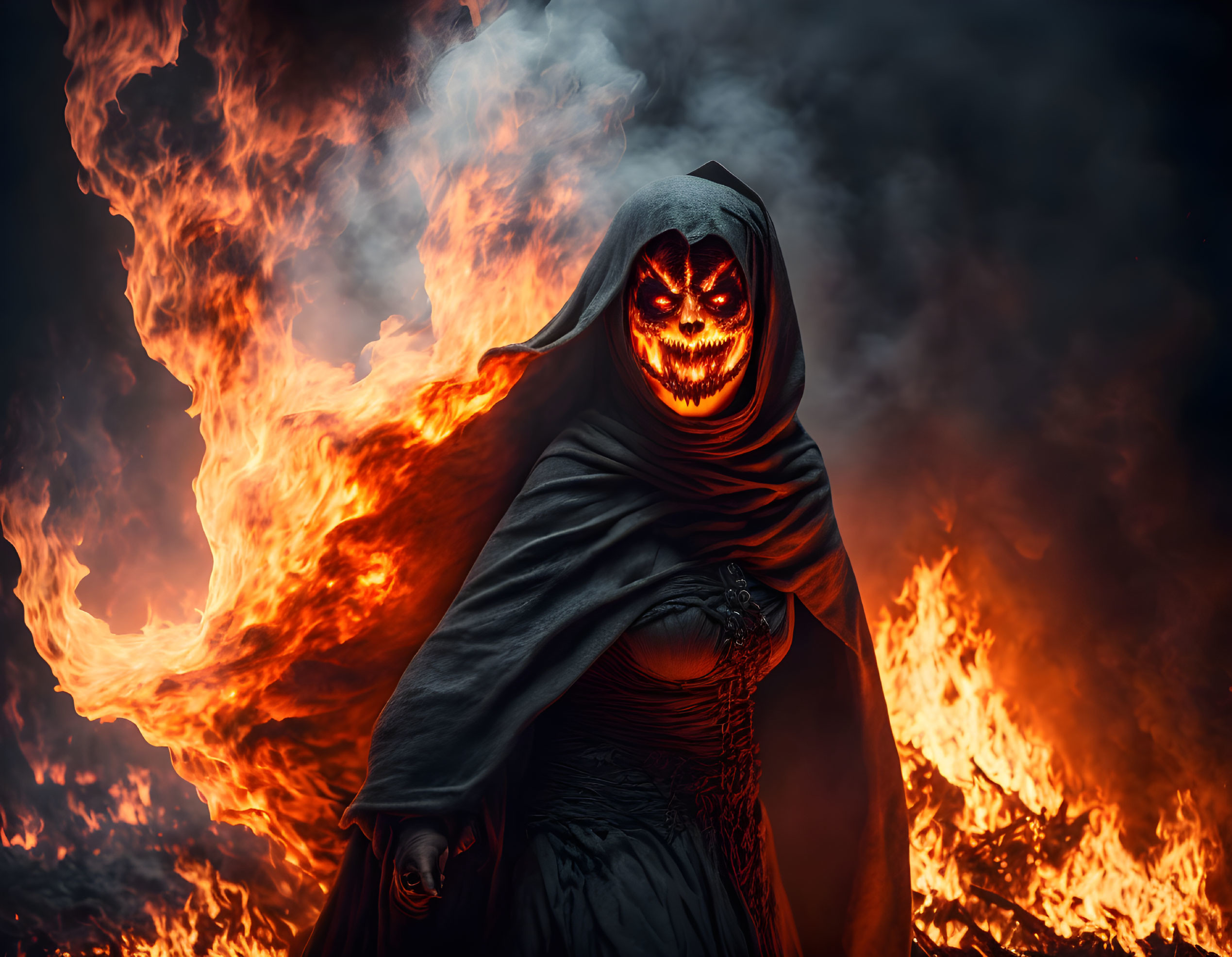 Cloaked figure with glowing jack-o'-lantern head in fiery background