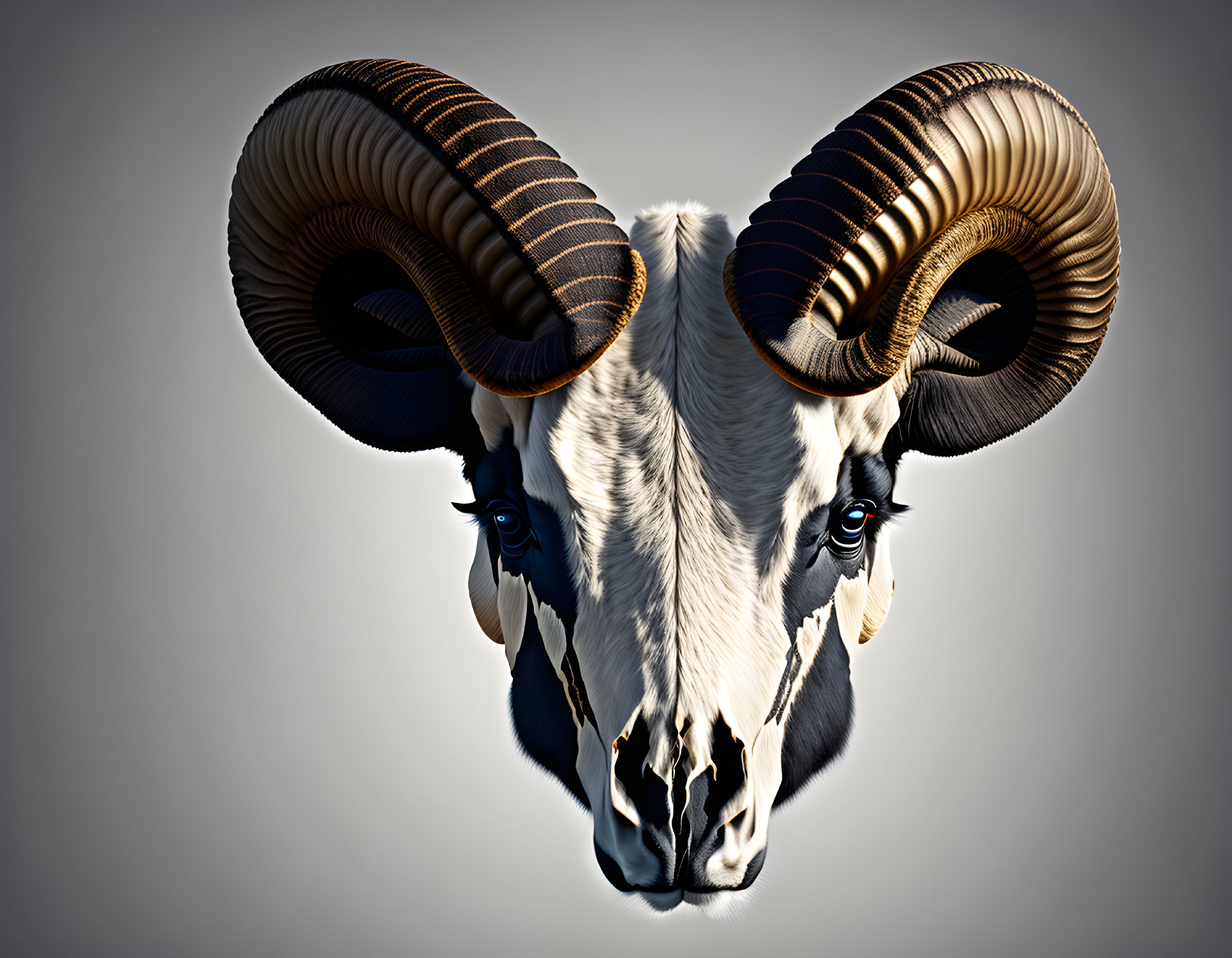 Symmetrical Ram Headshot with Curved Horns and Blue Eyes