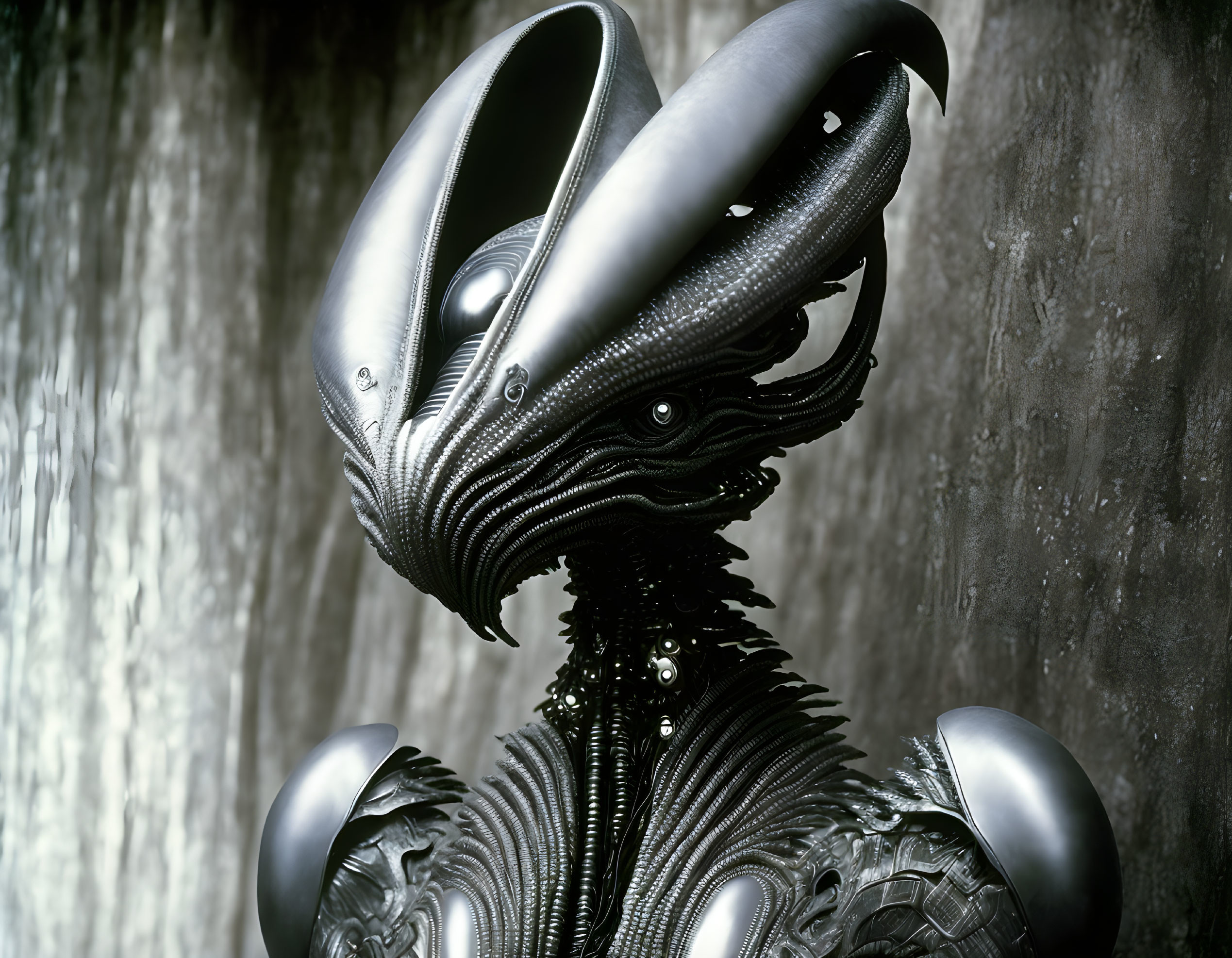 Detailed Close-Up of Intricate Alien Robot's Biomechanical Design