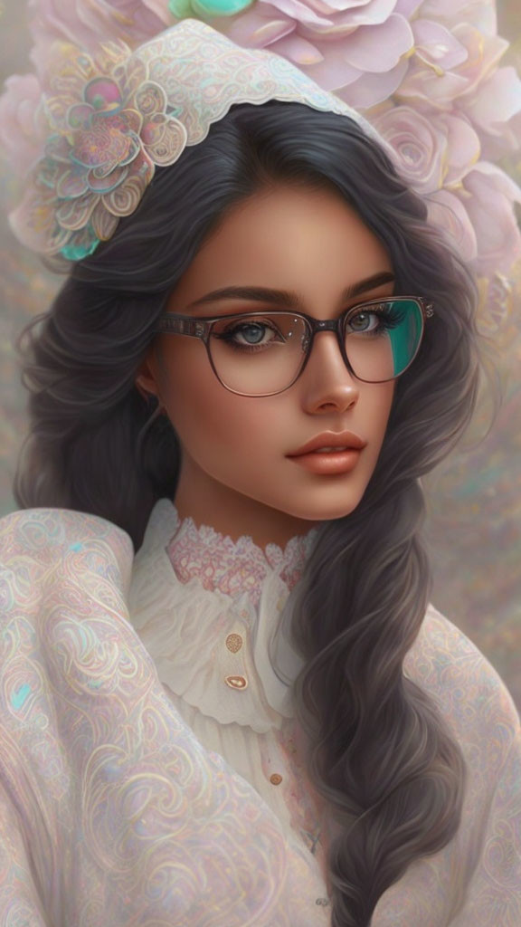 Portrait of woman with wavy hair, blue eyes, glasses, floral headpiece, vintage lace outfit