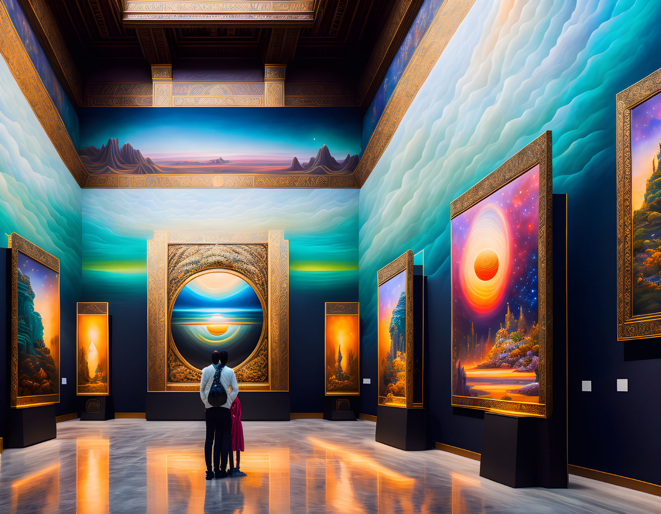 Couple admiring vibrant surreal artwork in elegant blue-walled gallery