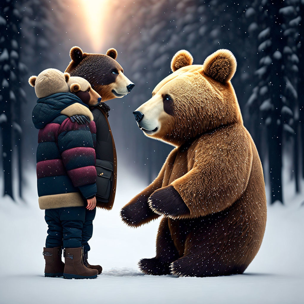 Child with bear backpack meets seated bear in snowy forest.