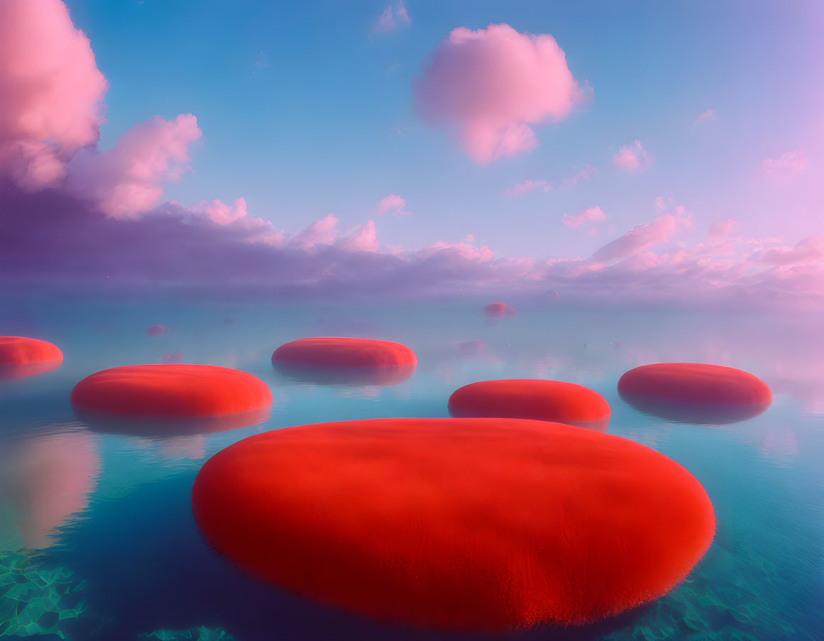 Vibrant red stepping stones in ethereal landscape