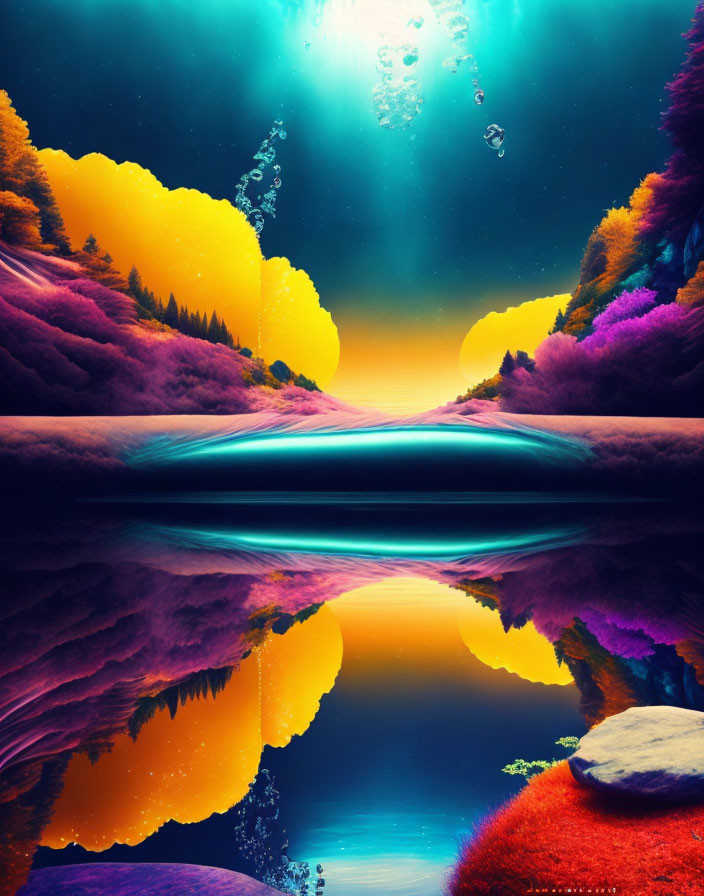 Colorful Trees and Mirrored Lake in Surreal Landscape