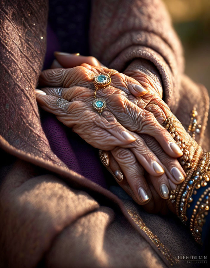 Elegant vintage jewelry on elderly hands