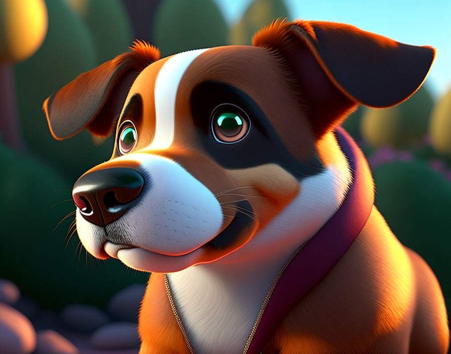 Brown and White Dog 3D Animation with Green Eyes and Red Collar in Evening Setting