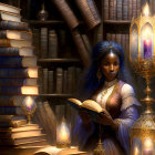 Two women with blue hair in a library surrounded by books and candle-lit lanterns