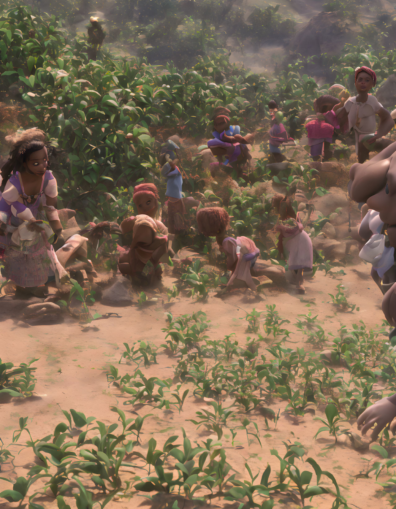 Traditional clothing harvest scene in lush green field.