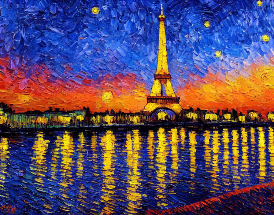 Impressionist painting: Eiffel Tower at dusk with vibrant sky reflected in Seine River