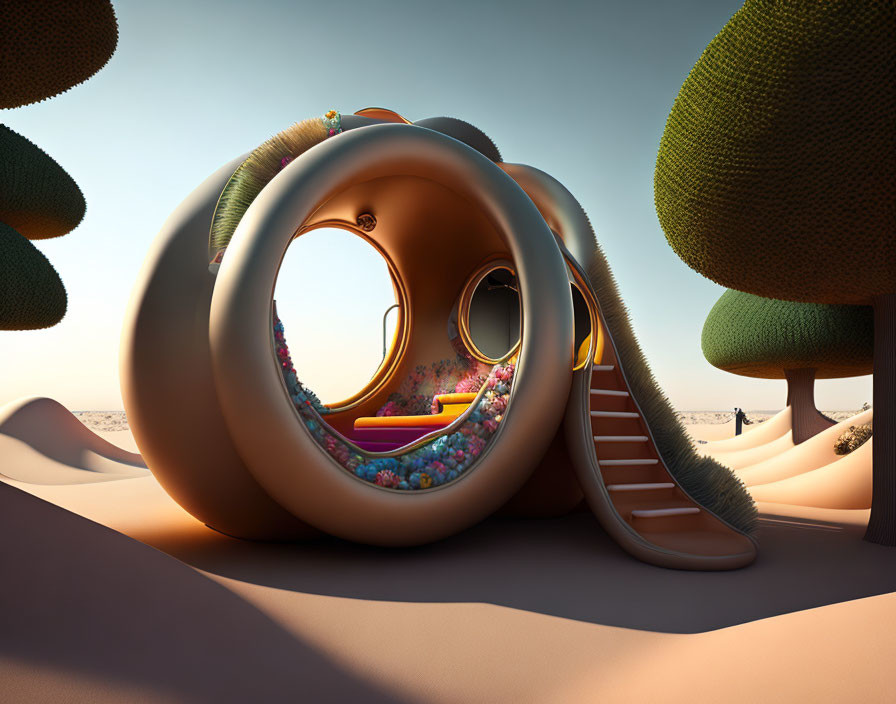Circular futuristic house in desert landscape with large windows & stylized trees.