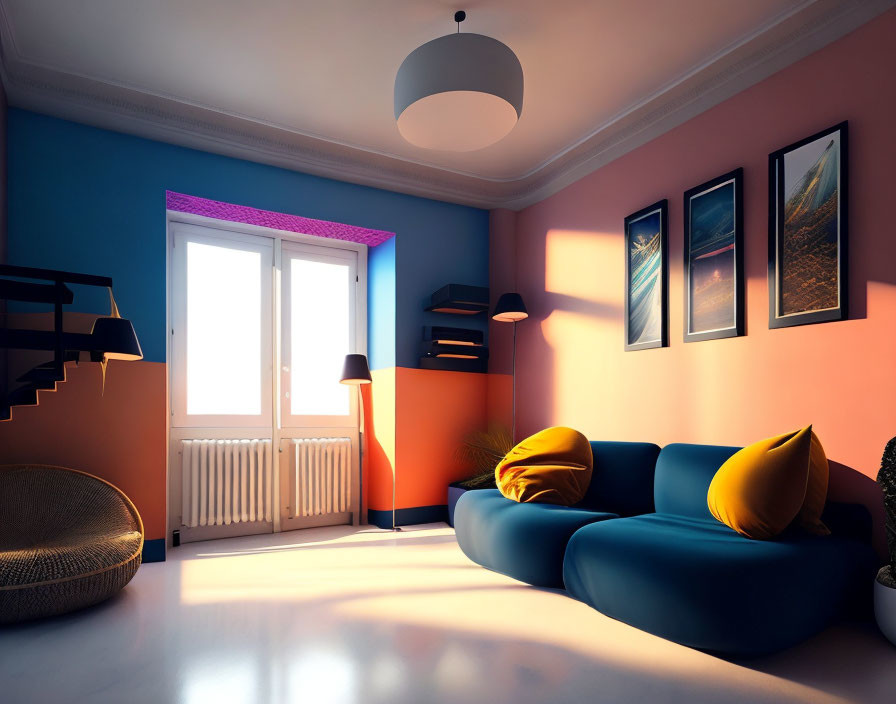 Sunset-themed room with blue sofa, yellow cushions, lamp, framed pictures, and staircase.