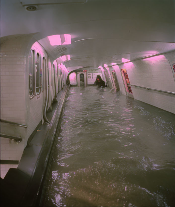 Flooded subway station with person wading and parked train