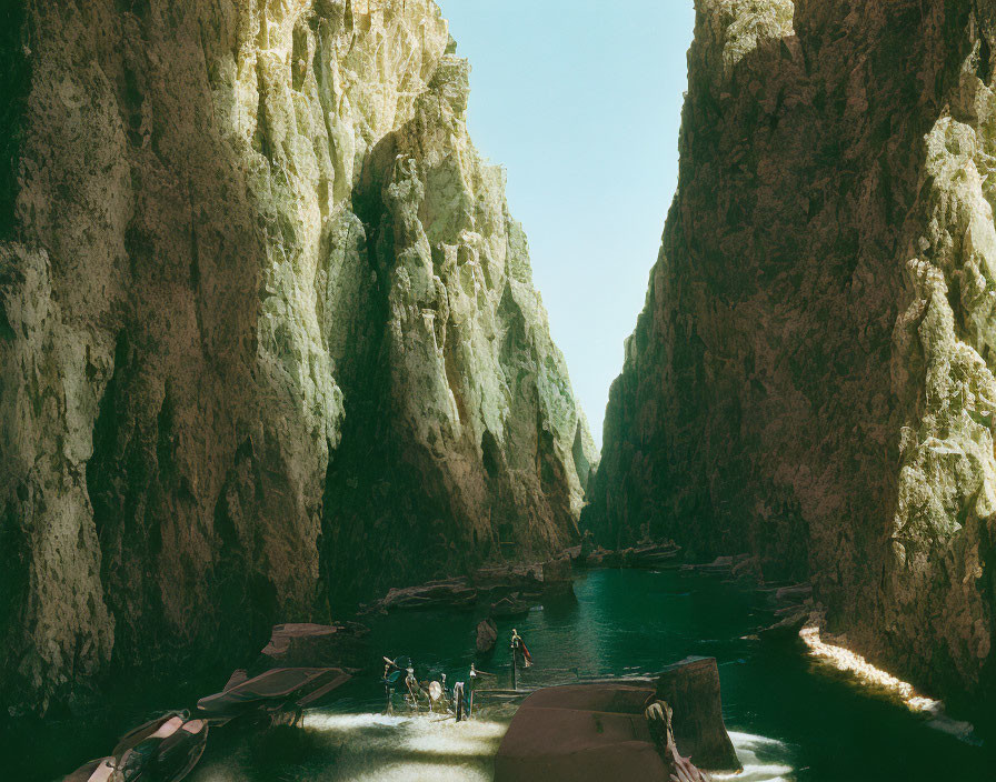 Tranquil canyon scene: steep cliffs, turquoise river, docked boats, serene ambiance