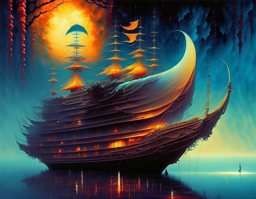 Fantastical ship with glowing crescent moon sails on calm waters