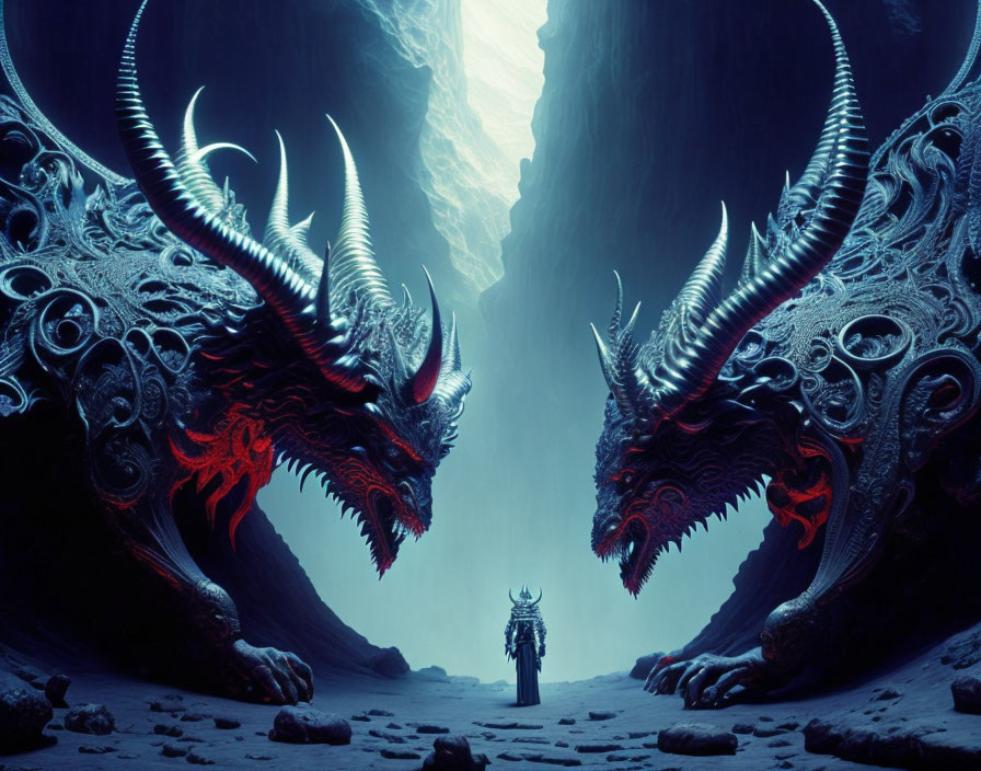 Armored figure faces two dragons in dimly-lit cavern