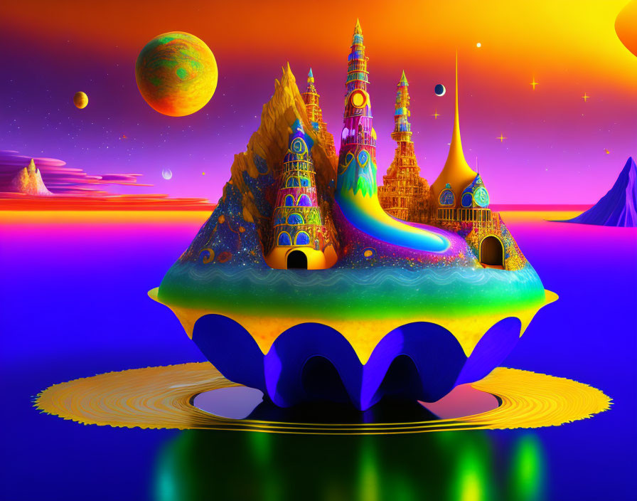 Colorful surreal landscape with castle and planets in twilight sky