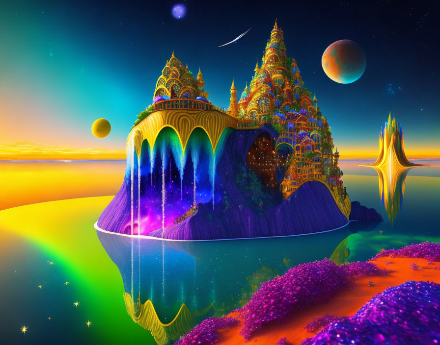 Colorful palace on island in fantasy landscape with sunset sky and planets