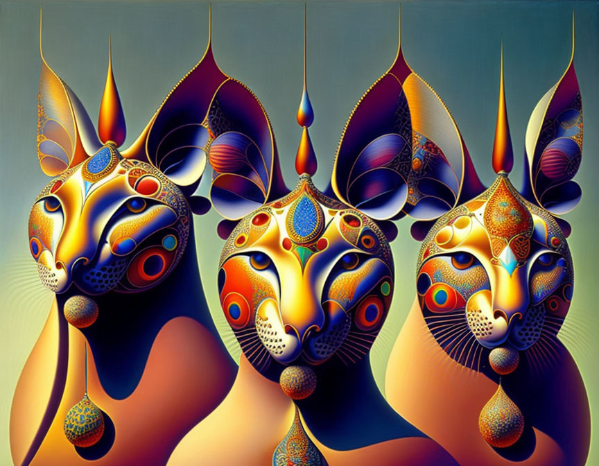 Colorful Abstract Painting of Stylized Cats with Ornate Whiskers on Blue Background