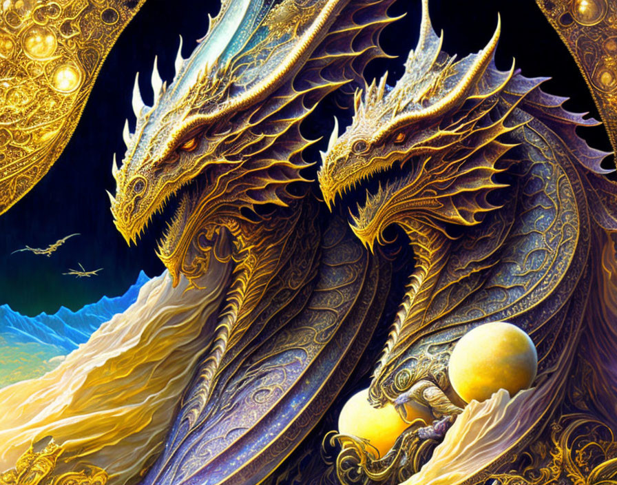 Golden dragons with horns and whiskers cradle egg in cloud-filled scene