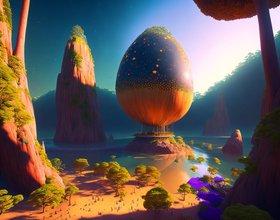 Fantastical landscape with towering rocks, glowing egg-shaped structure, lush flora, starry sky