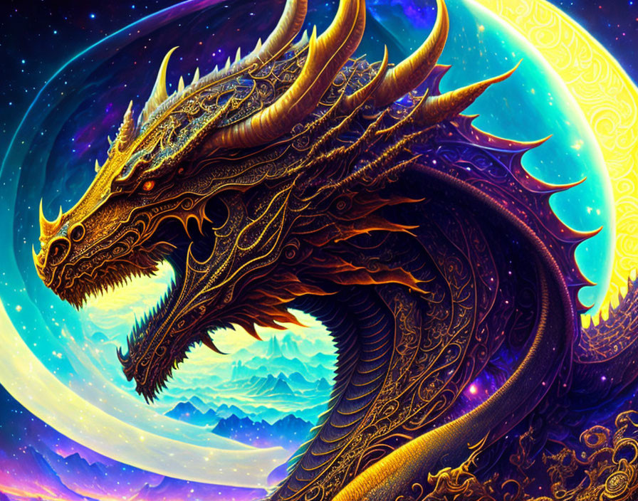 Majestic golden dragon in cosmic setting.