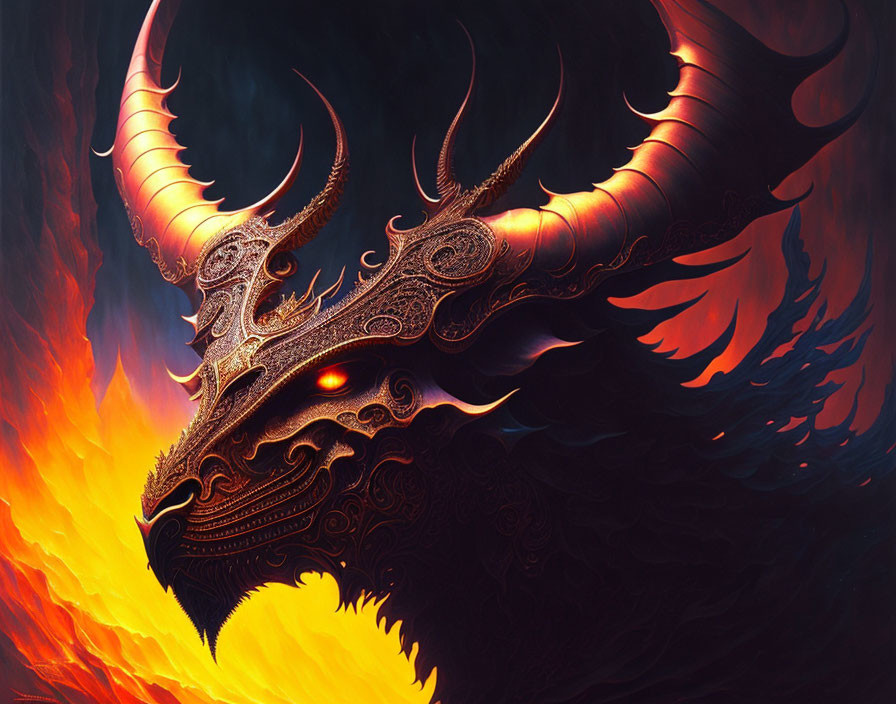 Fiery dragon with glowing eyes and horned head in flames.