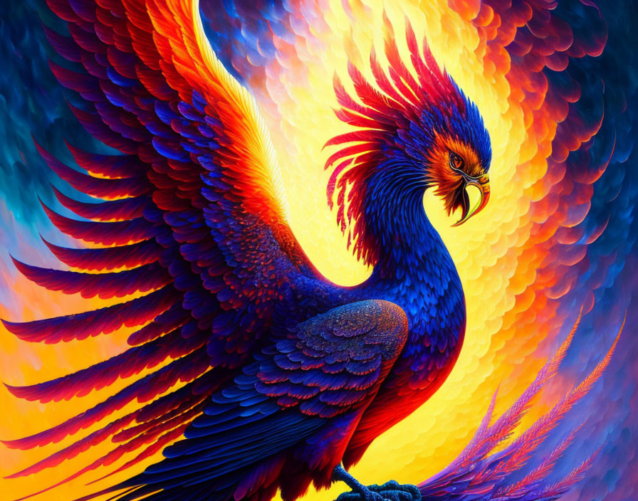 Colorful Phoenix Illustration with Fiery Wings on Inferno Background