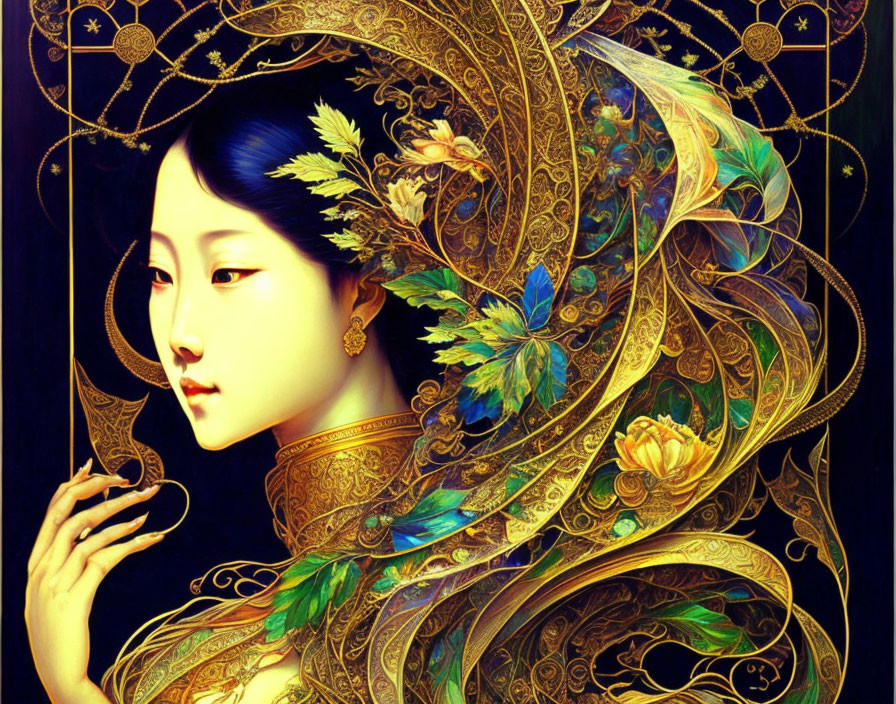 Detailed Asian woman portrait with ornate golden patterns and vibrant flora.