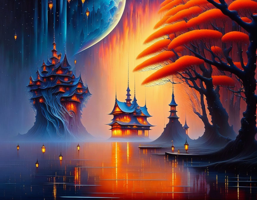 Fantastical Asian-style buildings under oversized moon and fiery sky.