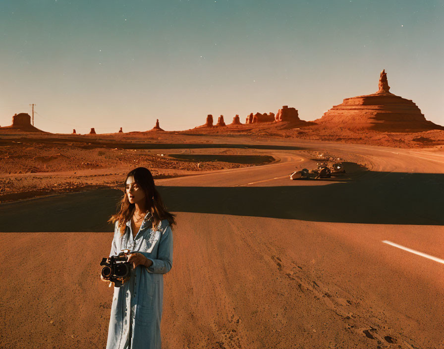 Woman with camera on desert road at sunset with rock formations and off-road vehicles