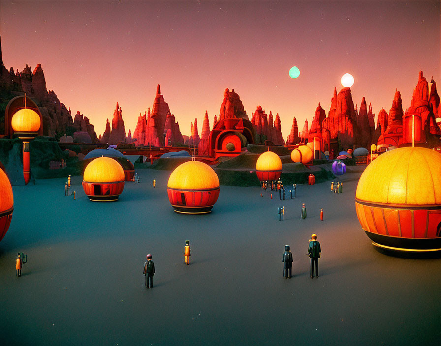 Retro-futuristic landscape with orange structures, humanoid figures, twin suns, pink sky,