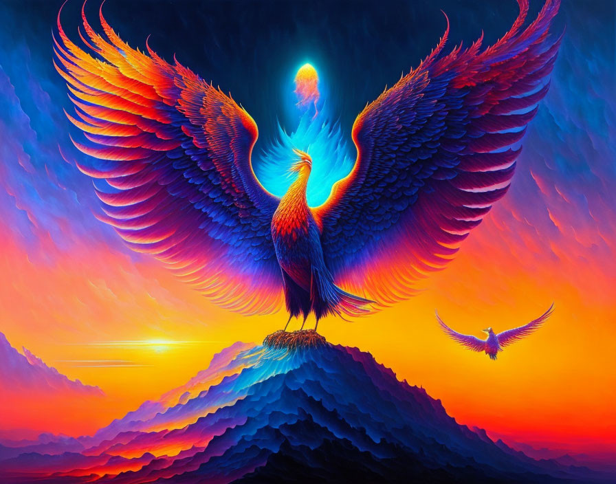 Mythical phoenix digital artwork with fiery wings on mountain at sunrise or sunset