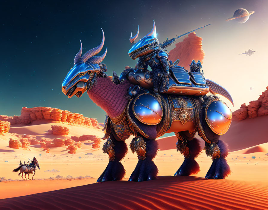 Fantastical desert landscape with giant dragon-like creature and figure on horseback under planetary sky