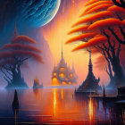 Fantastical Asian-style buildings under oversized moon and fiery sky.