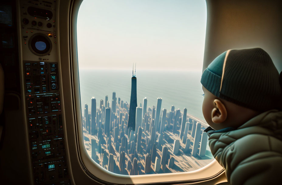 Child in beanie gazes at city skyline from airplane window