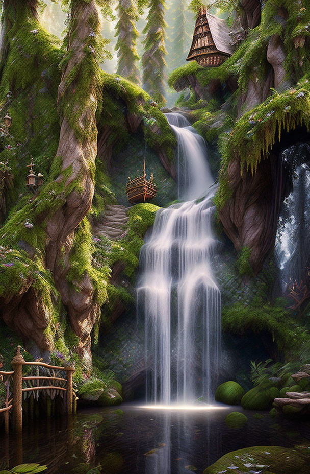 Tranquil waterfall, mossy rocks, wooden house, footbridge.