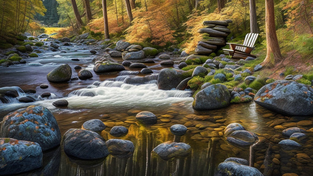 Tranquil river in forest with stacked stones, bench, autumn trees