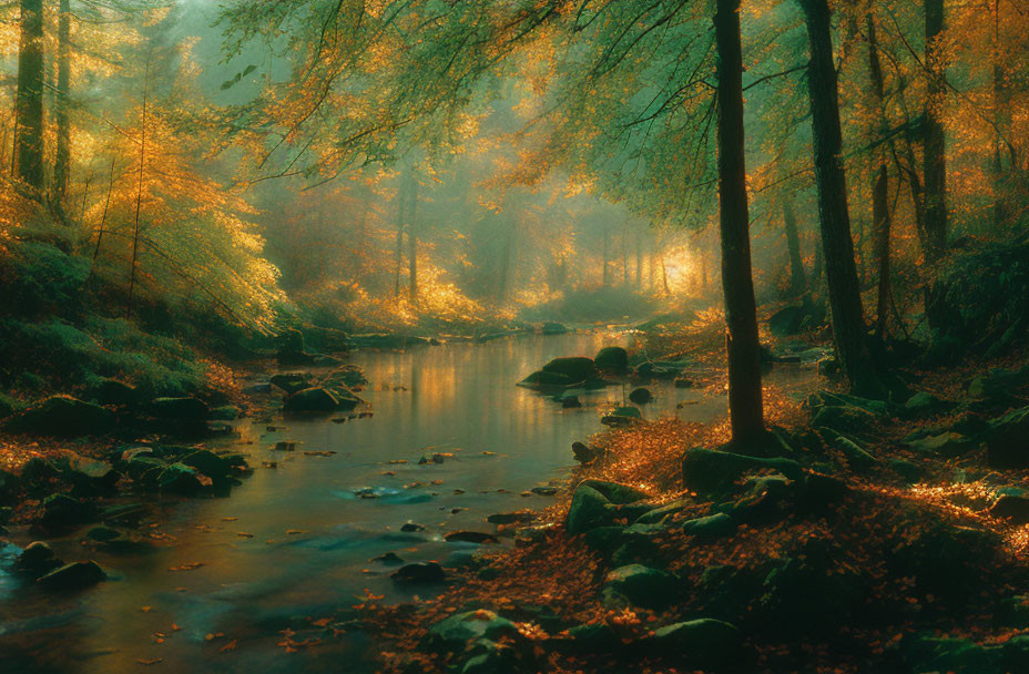 Tranquil Forest River with Autumn Sunlight