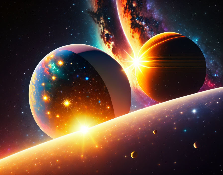 Colorful space scene with aligned planets and twinkling stars.