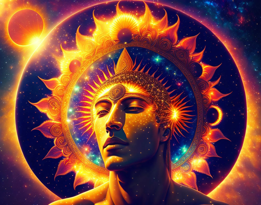 Colorful digital artwork featuring a cosmic figure with sun halo and celestial bodies