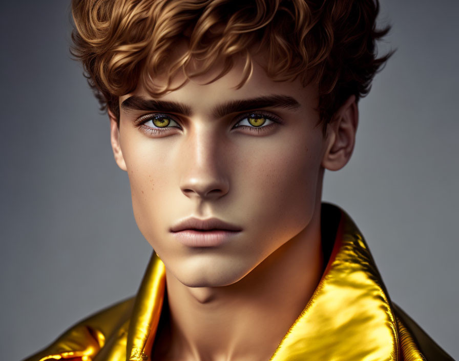 Young man with curly hair and green eyes in gold jacket