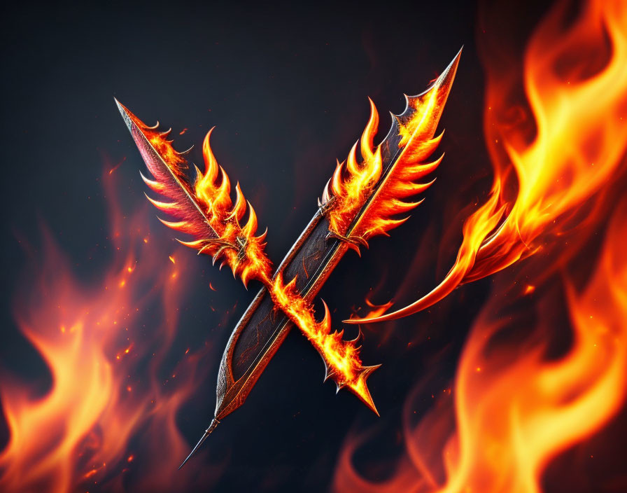 Ornate fiery cross-spears on dark background with rising flames