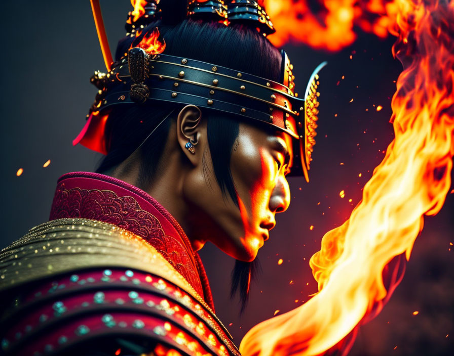 Traditional Asian warrior in armor gazes beside flames on dark background