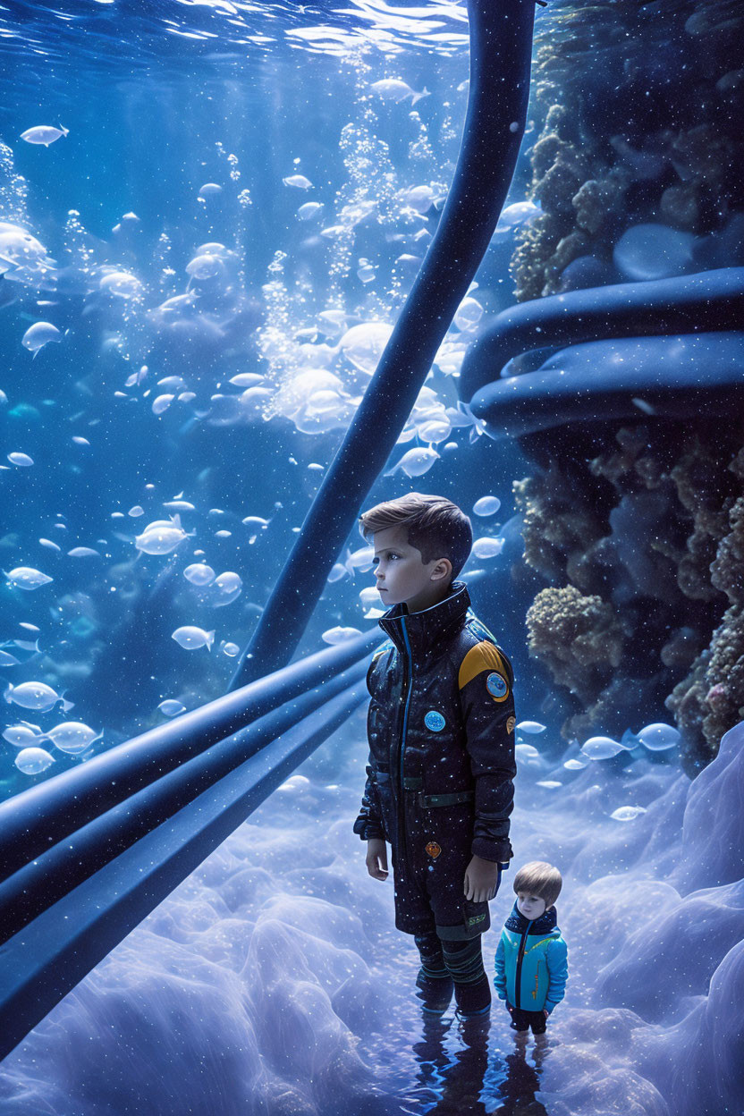 Boy in space suit underwater with jellyfish and miniature double among bubbles and coral